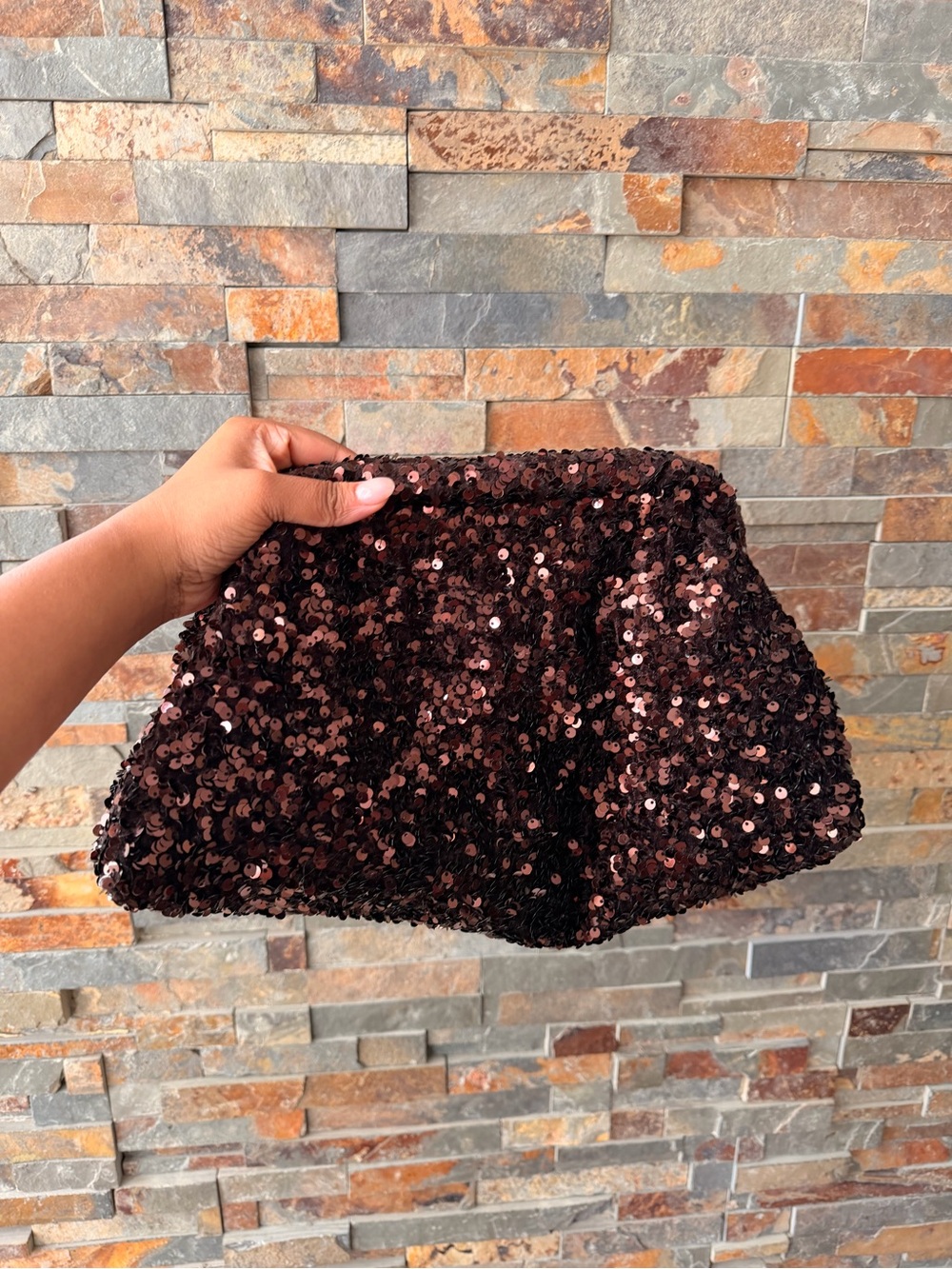 COS Sequin Clutch Bag in Deep Brown